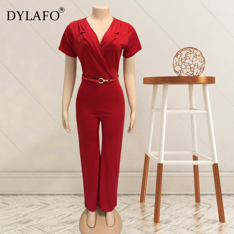 2020 Women Summer Jumpsuit Rompers Soild V Neck Short Sleeve Skinny Casual Jumpsuit Long Sash Women Overalls Long Pants Outfits