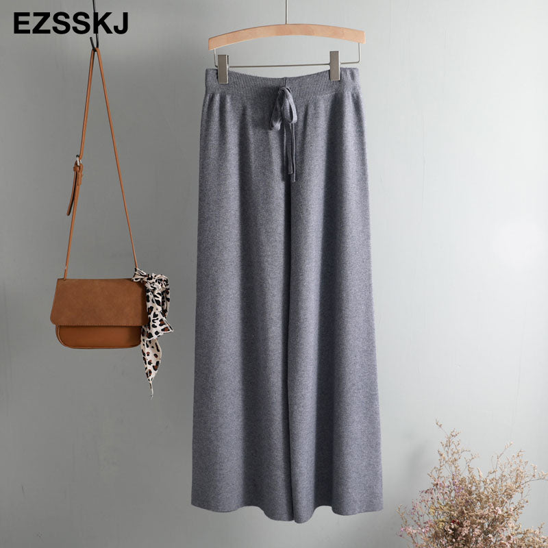 2020 Autumn Winter New Thick Casual Straight Pants Women Female Drawstring Loose Knitted Wide Leg Pants Casual Trousers