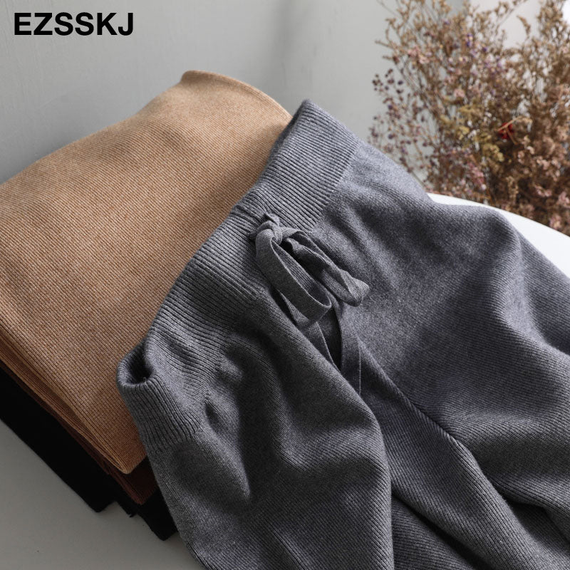 2020 Autumn Winter New Thick Casual Straight Pants Women Female Drawstring Loose Knitted Wide Leg Pants Casual Trousers