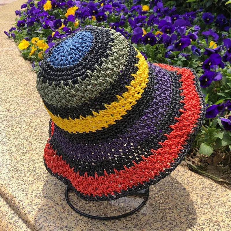 2020 Summer Women'S Bucket Hat Straw Made Rainbow Crochet Foldable Parent-Child Panama Hat Children Female Beach Sun Visor Cap