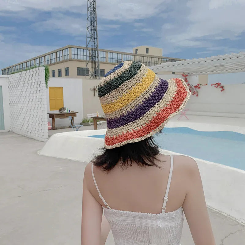 2020 Summer Women'S Bucket Hat Straw Made Rainbow Crochet Foldable Parent-Child Panama Hat Children Female Beach Sun Visor Cap