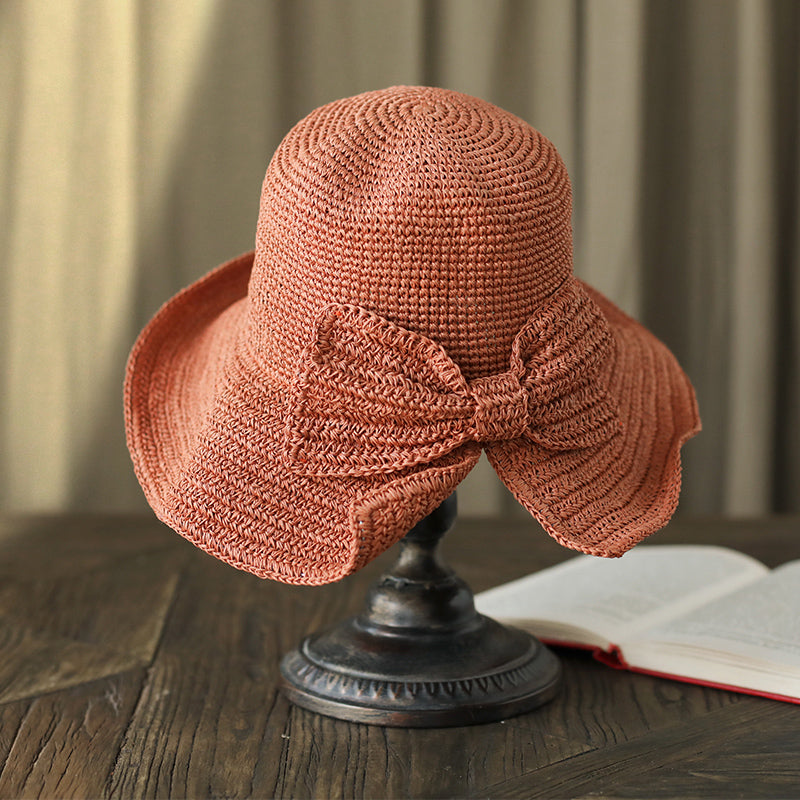 2020Parent-Child 100%Raffia Bow Sun Hat Wide Brim Floppy Summer Hats For Women Beach Panama Straw Dome Bucket Hat Shade Hat