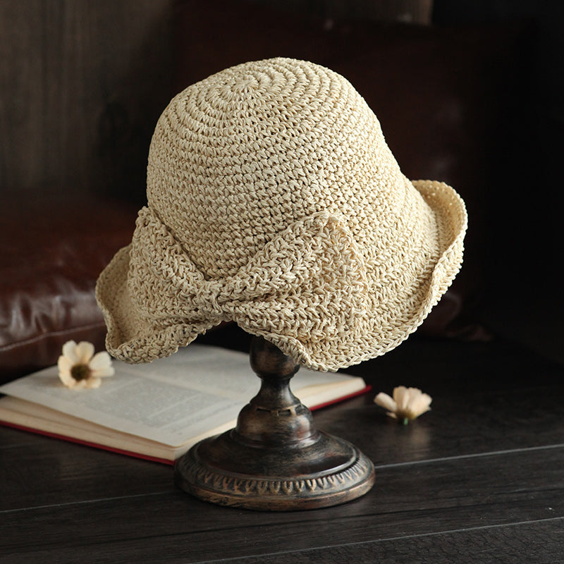 2020Parent-Child 100%Raffia Bow Sun Hat Wide Brim Floppy Summer Hats For Women Beach Panama Straw Dome Bucket Hat Shade Hat