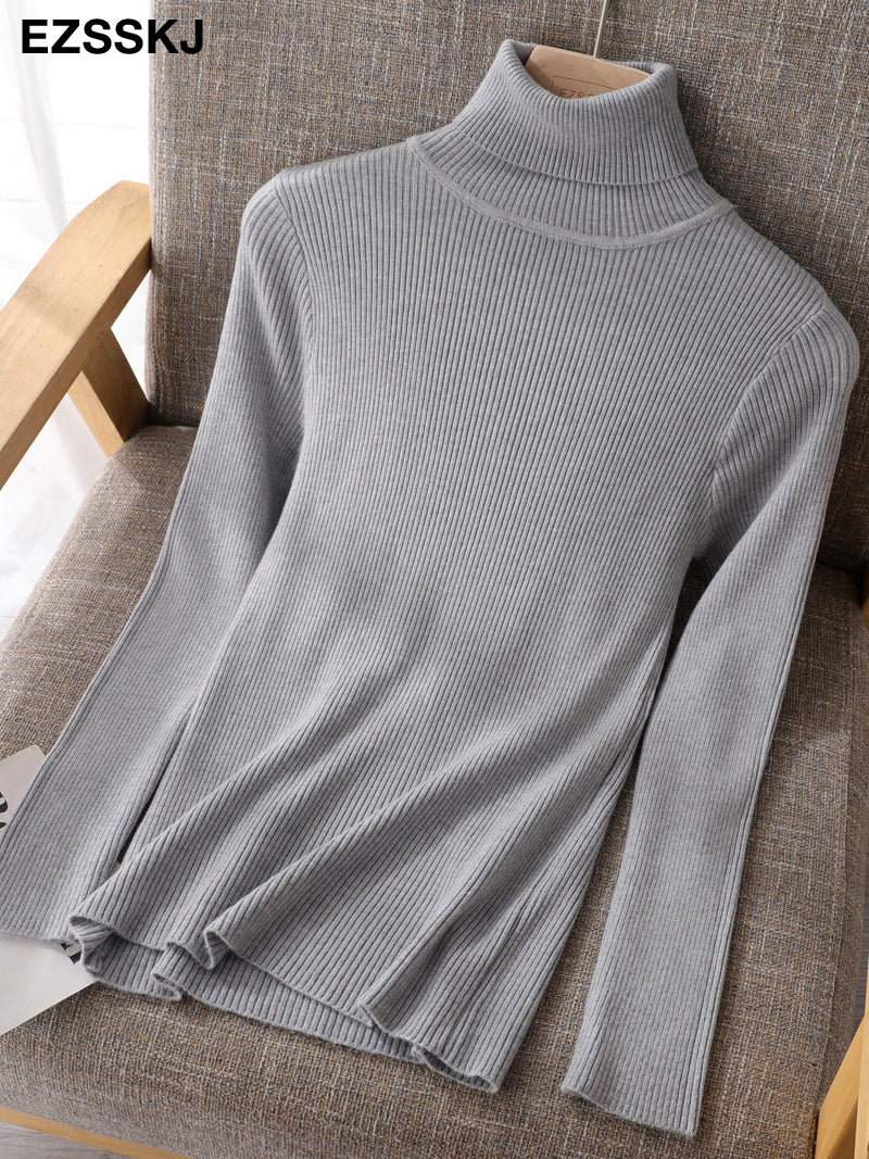 2021 Knitted Women Turtleneck Sweater Pullovers Spring Autumn Basic Women High Neck Sweaters Pullover Slim Female Cheap Top