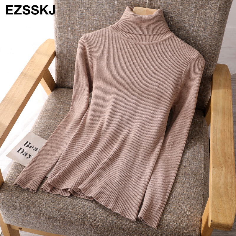 2021 Knitted Women Turtleneck Sweater Pullovers Spring Autumn Basic Women High Neck Sweaters Pullover Slim Female Cheap Top