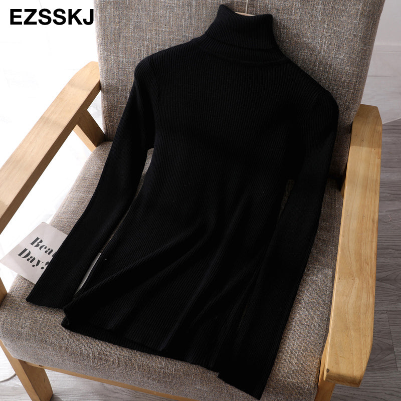 2021 Knitted Women Turtleneck Sweater Pullovers Spring Autumn Basic Women High Neck Sweaters Pullover Slim Female Cheap Top