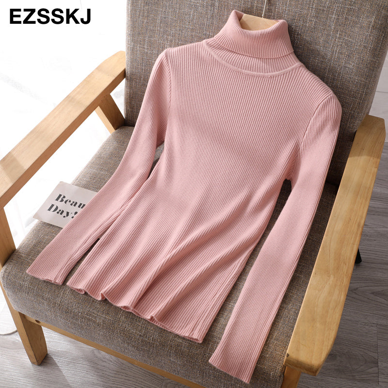 2021 Knitted Women Turtleneck Sweater Pullovers Spring Autumn Basic Women High Neck Sweaters Pullover Slim Female Cheap Top