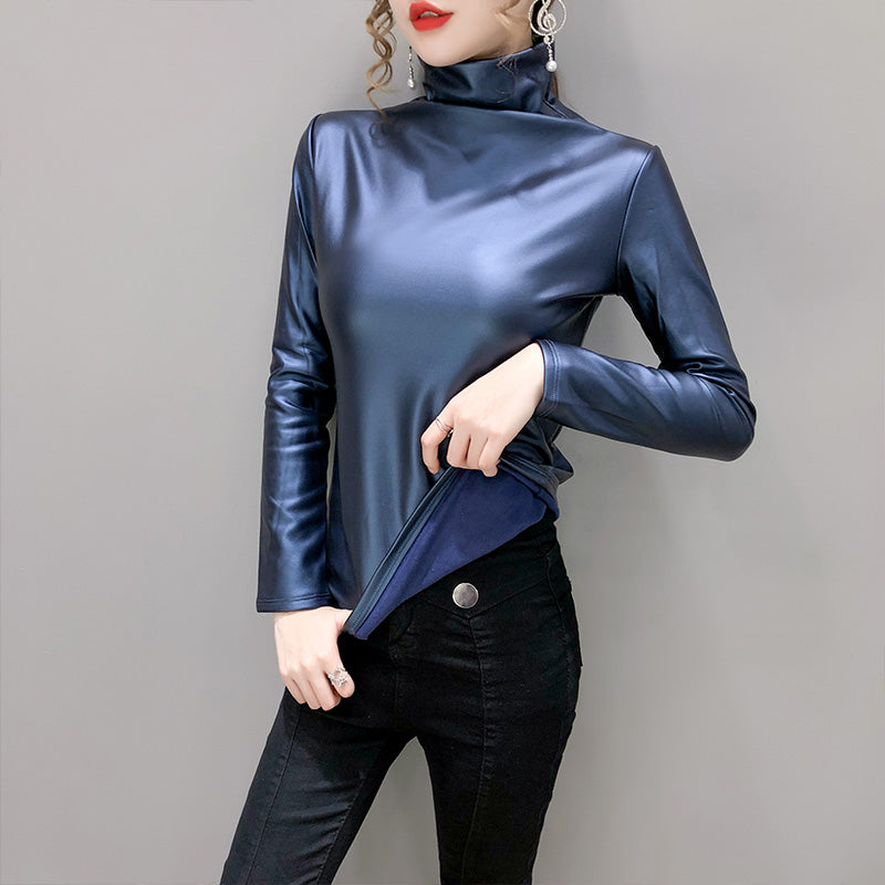 2021 Winter Long Sleeve Turtleneck Pu Leather T-Shirts Women Plus Fleece Warm Pu Leather Pullovers Women Warm Pu Leather Tops