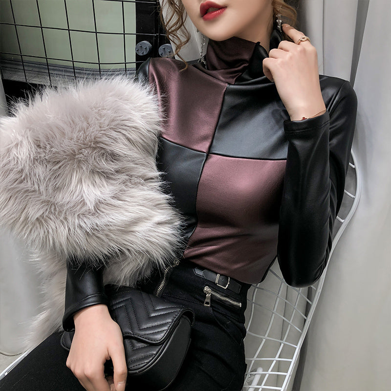 2021 Winter Long Sleeve Turtleneck Pu Leather T-Shirts Women Plus Fleece Warm Pu Leather Pullovers Women Warm Pu Leather Tops