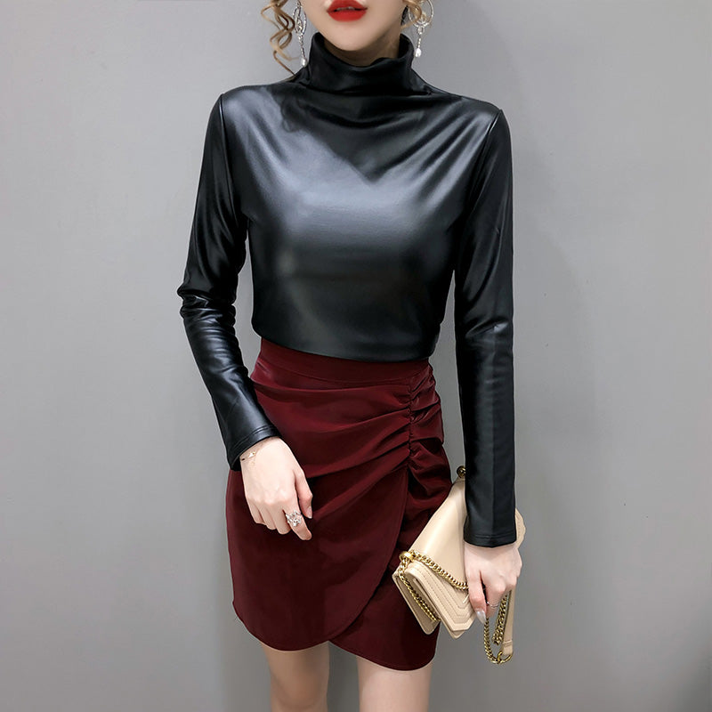 2021 Winter Long Sleeve Turtleneck Pu Leather T-Shirts Women Plus Fleece Warm Pu Leather Pullovers Women Warm Pu Leather Tops