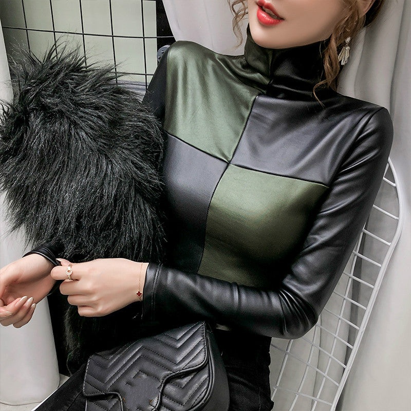 2021 Winter Long Sleeve Turtleneck Pu Leather T-Shirts Women Plus Fleece Warm Pu Leather Pullovers Women Warm Pu Leather Tops