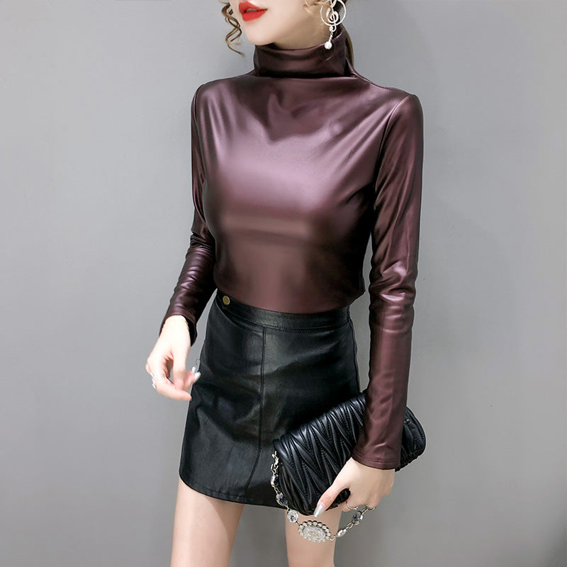 2021 Winter Long Sleeve Turtleneck Pu Leather T-Shirts Women Plus Fleece Warm Pu Leather Pullovers Women Warm Pu Leather Tops