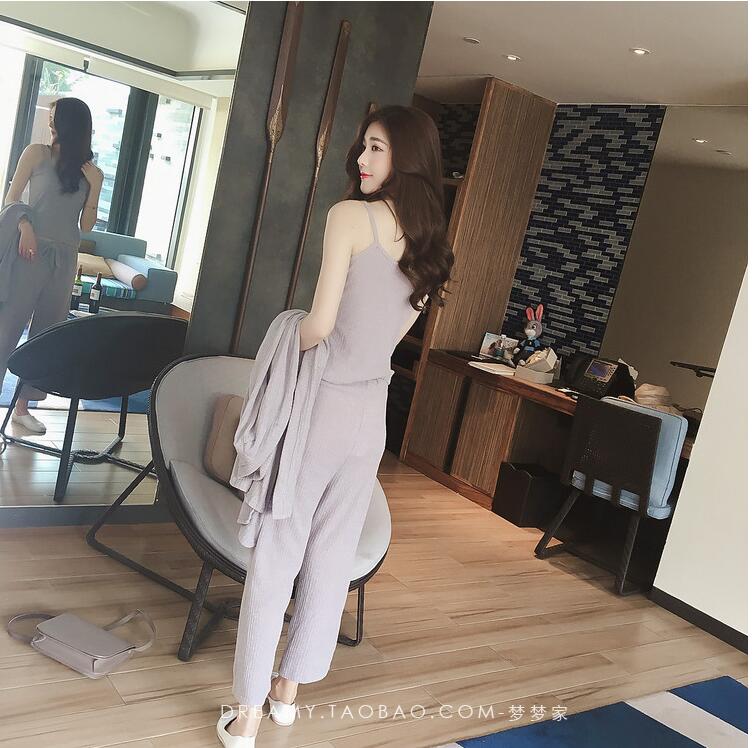 2021 Women Casual Loose 3 Pieces Set Knitted Pullover Sweaters Tops Deep V-Neck Long Sleeve Sweatshirt Ninth Pants Women'S Sets