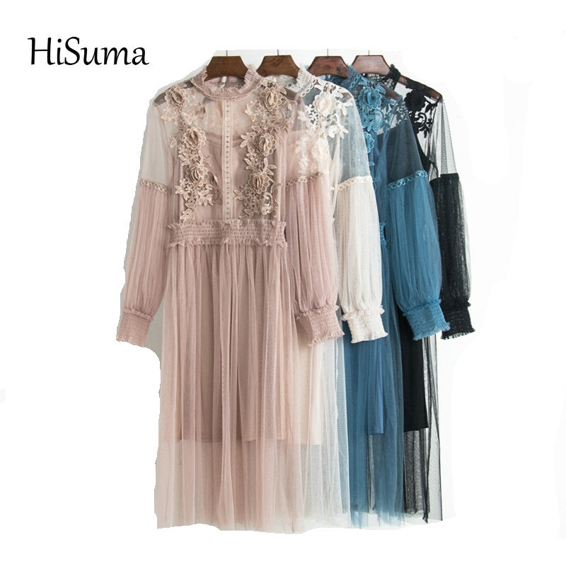 2021 Spring Autumn New Female Chic Flower Lantern Sleeve Gauze Lace Pleated Dress Women'S Waist Slim Elegant Mesh Dress