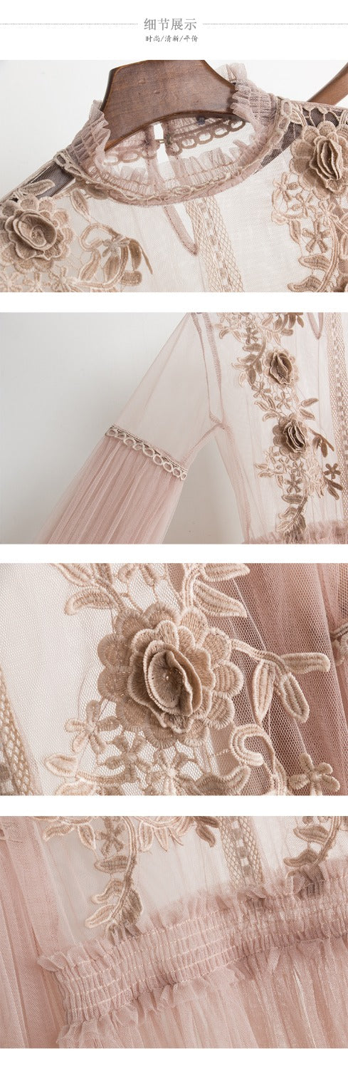 2021 Spring Autumn New Female Chic Flower Lantern Sleeve Gauze Lace Pleated Dress Women'S Waist Slim Elegant Mesh Dress