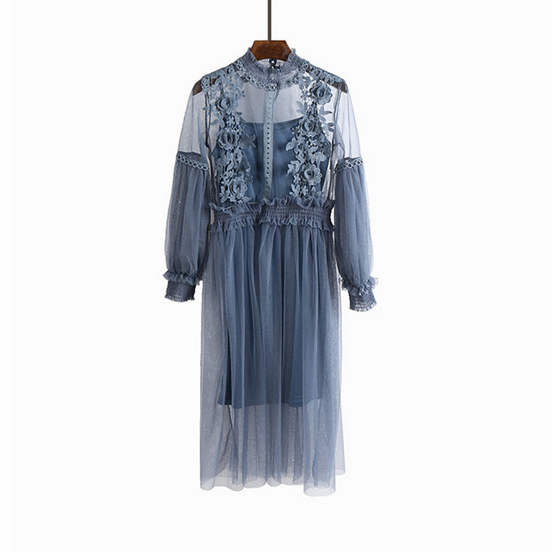 2021 Spring Autumn New Female Chic Flower Lantern Sleeve Gauze Lace Pleated Dress Women'S Waist Slim Elegant Mesh Dress