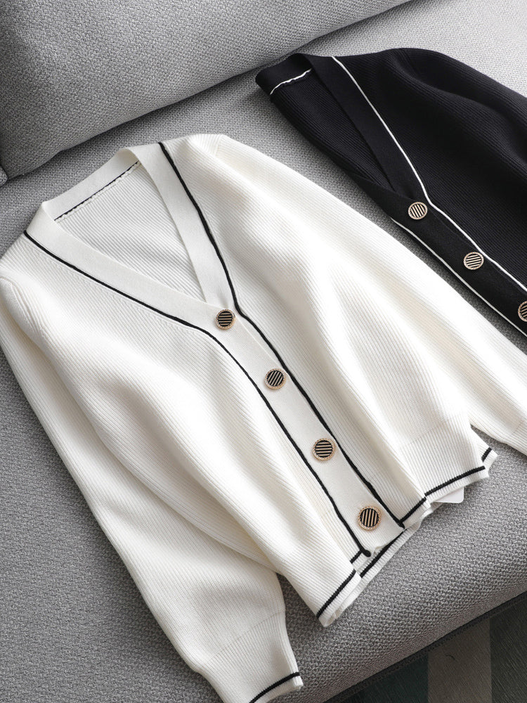 2021 White Black Solid Sweater Cardigans Jacket Ladies New Women Thick Sweater Coat V-Neck Cardigan Jacket Coat Outwear