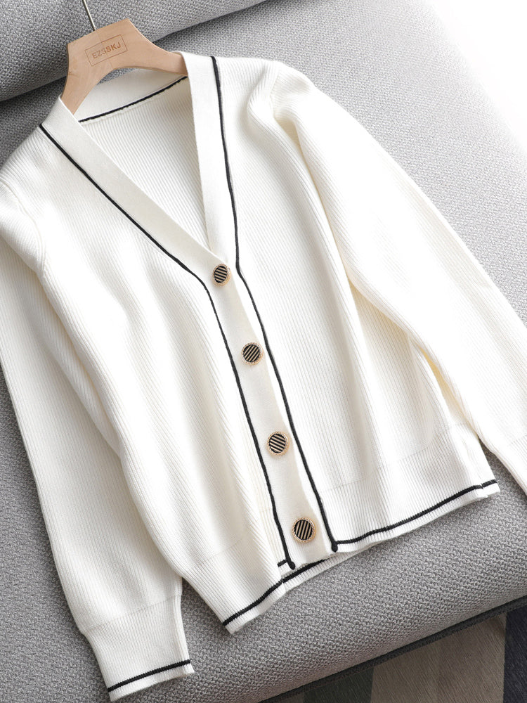 2021 White Black Solid Sweater Cardigans Jacket Ladies New Women Thick Sweater Coat V-Neck Cardigan Jacket Coat Outwear