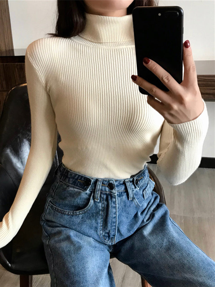 2022 Autumn Winter Knitted Sweater Pullovers Turtleneck Sweater For Women Long Sleeve White Black Soft Female Jumper Clothing