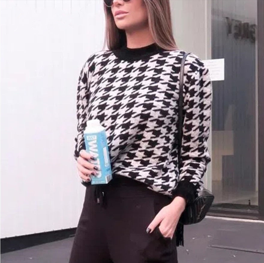 2022 Geometric Khaki Knitted Sweaters Women Casual Houndstooth Pullover Sweater Female Autumn Winter Retro Jumpers Top Clothing