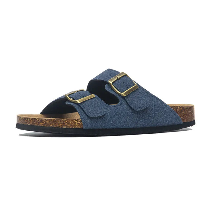 2022 New Summer Men&#39;S Cork Slippers Suede Leather Mule Clogs Slippers Man Soft Cork Two Buckle Beach Slides Footwear For Men 45