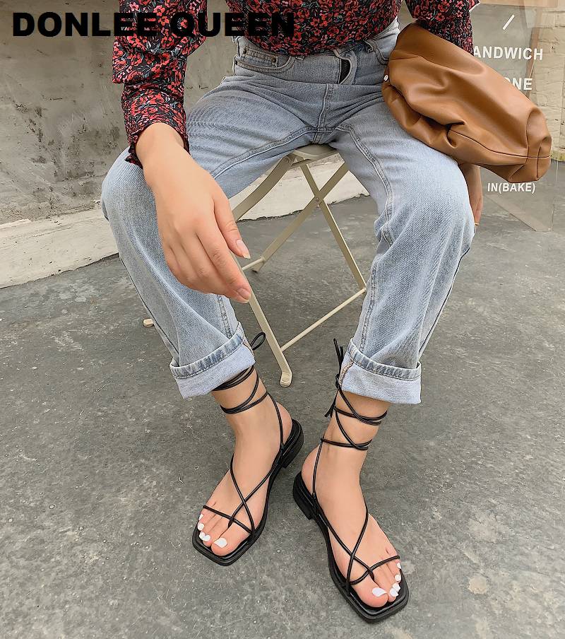 2022 New Summer Sandals Women Flat Ankle Strap Gladiator Sandal Lace Up Casual Shoes Brand Sandals Vacation Flip Flops Sandalias