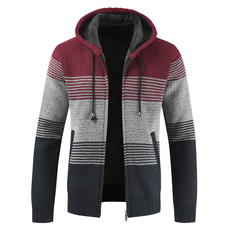 2022 Winter Sweater Coat Men Thick Warm Hooded Cardigan Jumpers Men Striped Wool Liner Zipper Fleece Coats Men