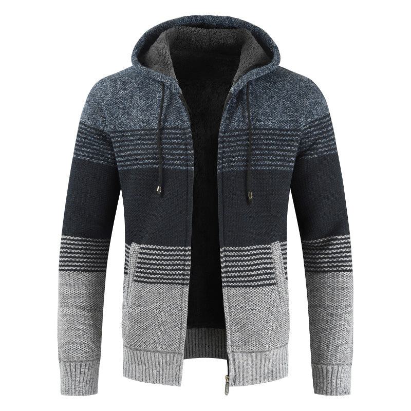 2022 Winter Sweater Coat Men Thick Warm Hooded Cardigan Jumpers Men Striped Wool Liner Zipper Fleece Coats Men