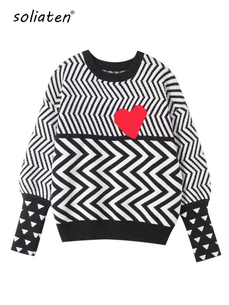 2023 Autumn Winter Women Sweaters Geometric Heart Pattern Long Sleeve Tops Lovely Pullovers Knitted Loose Jumper C-005