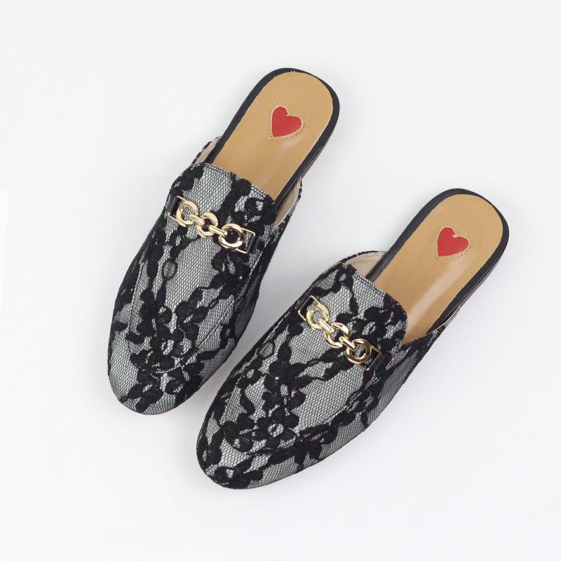 2023 Genuine Leather Brand Summer Shoes Slip On Large Size Embroidery Flat With Slingback Outside Slippers Metal Chains Mules