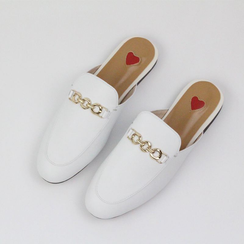 2023 Genuine Leather Brand Summer Shoes Slip On Large Size Embroidery Flat With Slingback Outside Slippers Metal Chains Mules