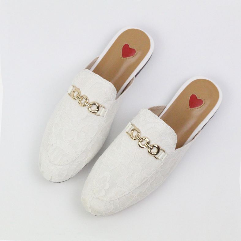 2023 Genuine Leather Brand Summer Shoes Slip On Large Size Embroidery Flat With Slingback Outside Slippers Metal Chains Mules