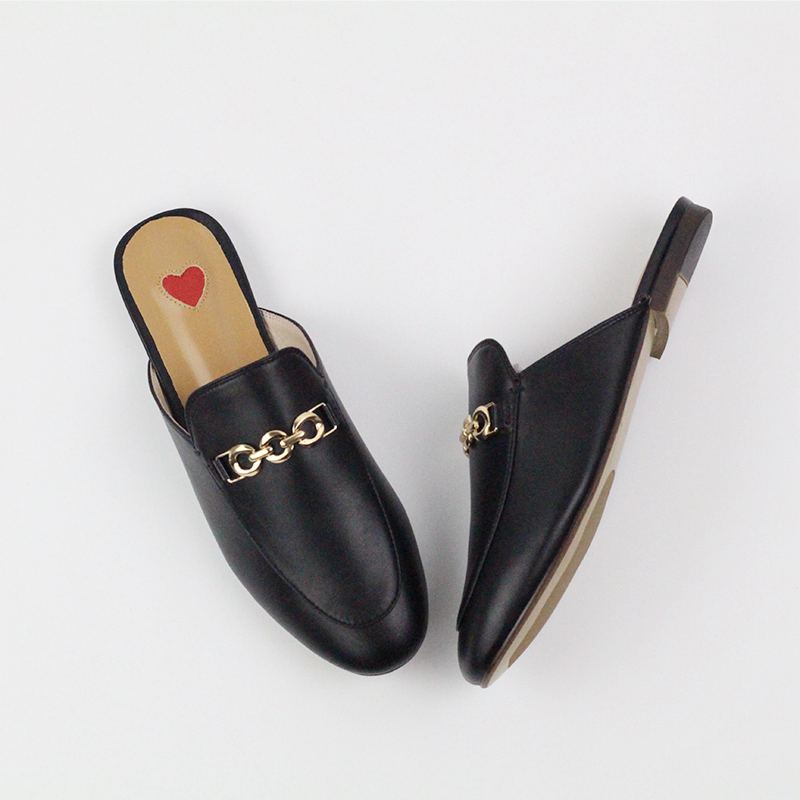 2023 Genuine Leather Brand Summer Shoes Slip On Large Size Embroidery Flat With Slingback Outside Slippers Metal Chains Mules