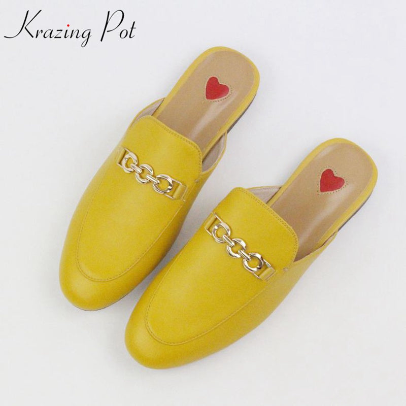 2023 Genuine Leather Brand Summer Shoes Slip On Large Size Embroidery Flat With Slingback Outside Slippers Metal Chains Mules