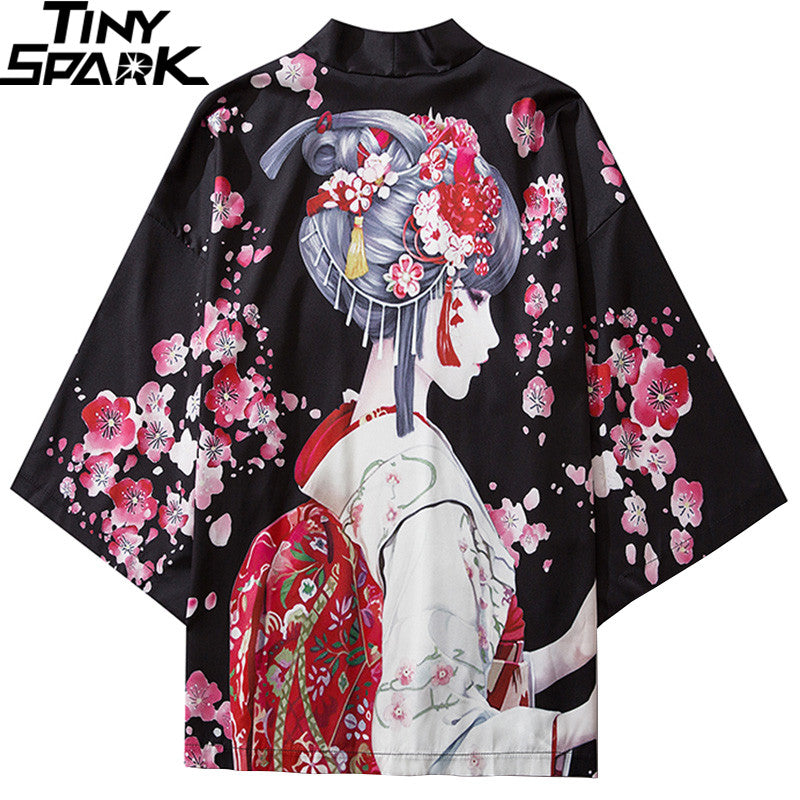 2023 Harajuku Streetwear Kimono Jacket Japanese Geisha Cartoon Hip Hop Men Japan Style Jacket Summer Thin Clothing Loose Kimono