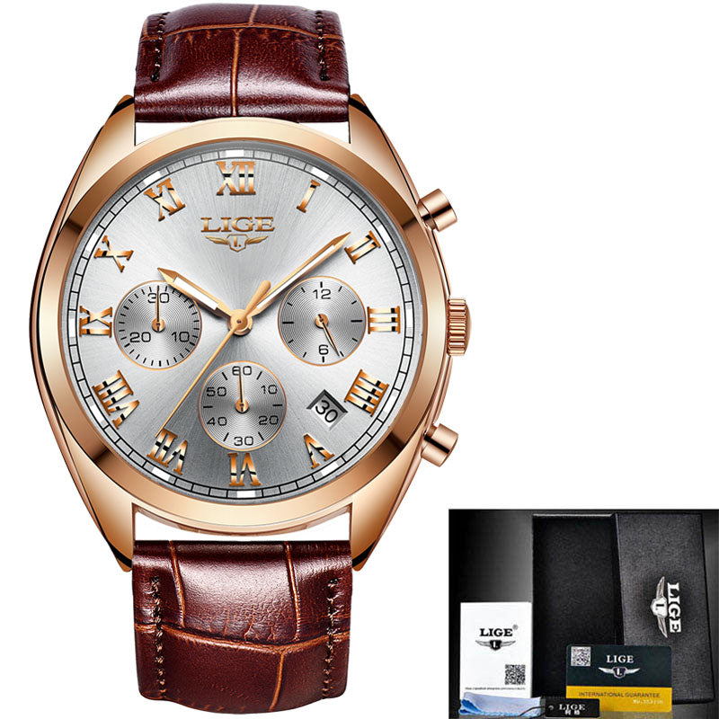 2023 Lige Watches Men Brand Luxury Watch For Men Waterproof Chronograph Quartz Clock Fashion Leather Wristwatch+Box Reloj Hombre