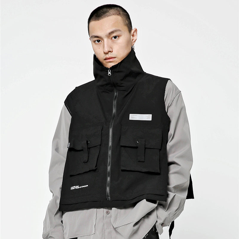 2023 Men Hip Hop Combat Vest Cargo Jacket Streetwear Harajuku Buckle Ribbon Tactical Vest Bomber Waistcoat Utility Adjustable