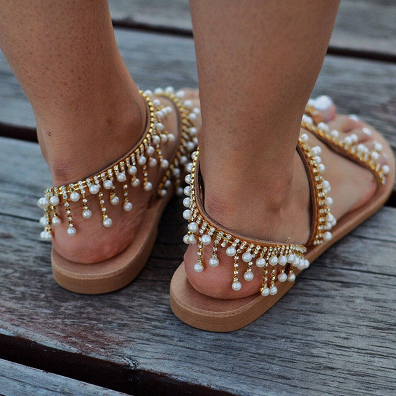 2023 Vintage Boho Sandals Women Leather Beading Flat Sandals Women Bohimia Beach Sandals Shoes Plus Size Summer Fashion Woman