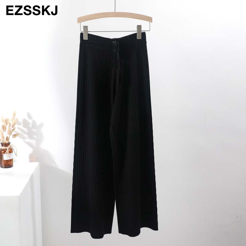 2023 Autumn Winter New Casual Straight Pants Women Female Drawstring Loose High Waist Knitted Wide Leg Pants Casual Trousers