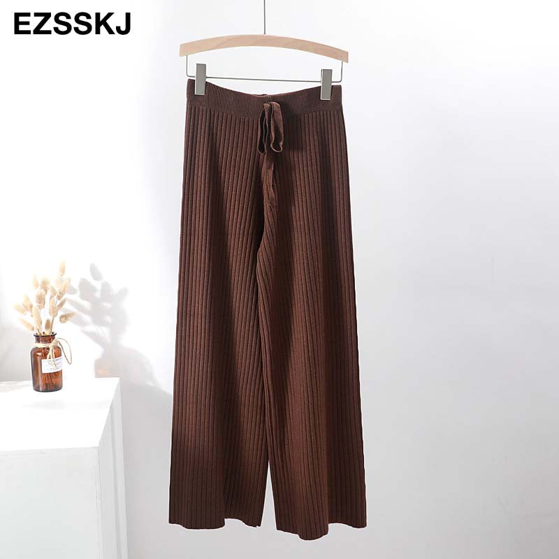 2023 Autumn Winter New Casual Straight Pants Women Female Drawstring Loose High Waist Knitted Wide Leg Pants Casual Trousers
