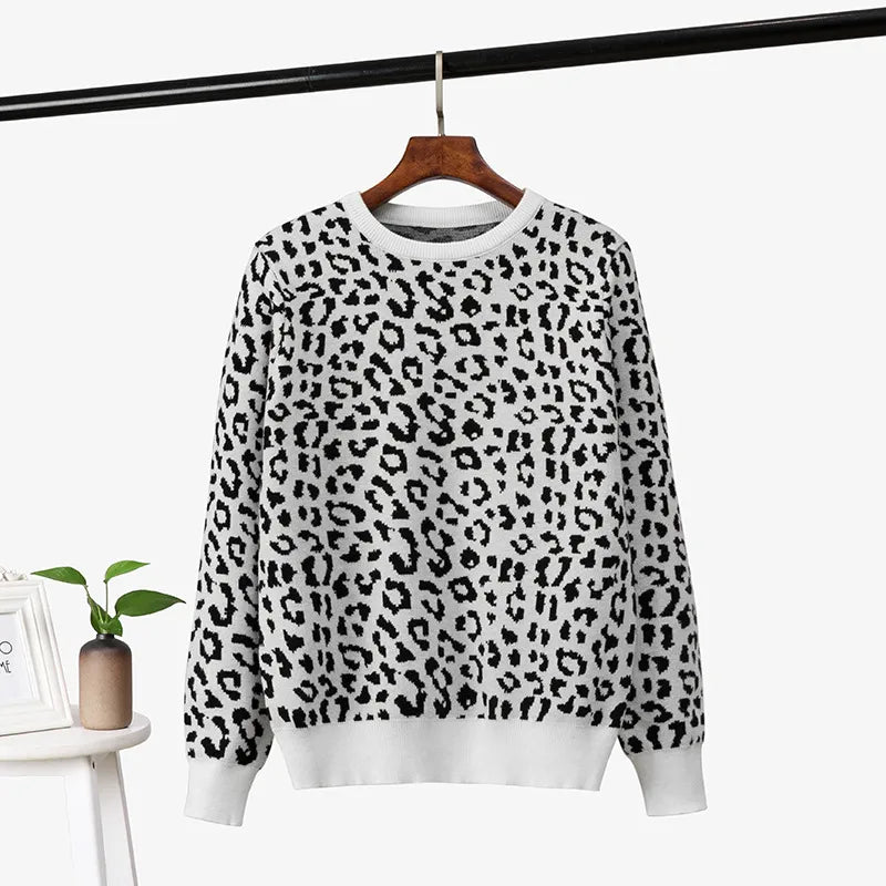 2023 Korean Jumper Autumn Winter Knitted Sweater Women Oversized Sweaters Female Leopard Jacquard Fashion Wool Blends Pullover