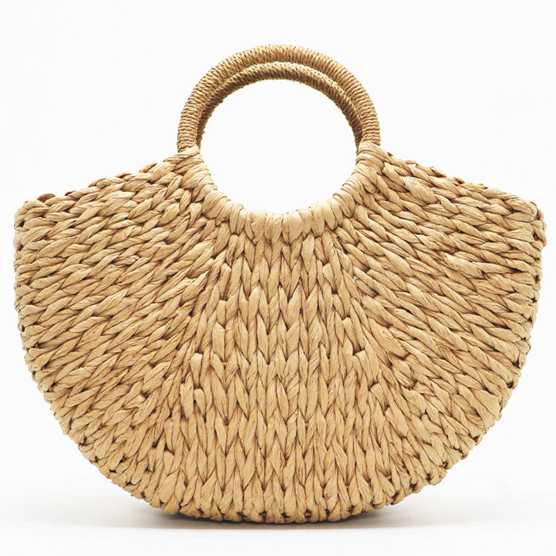 2023 New Handmade Bag Women Pompon Beach Weaving Ladies Paper Straw Bag Wrapped Beach Bag Moon Shaped Bag