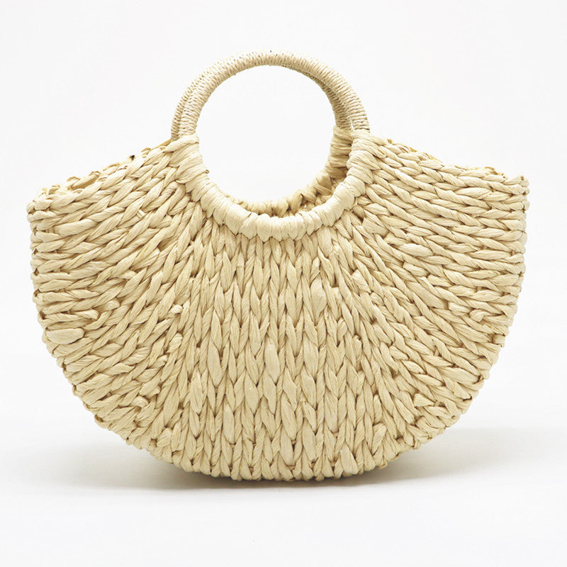 2023 New Handmade Bag Women Pompon Beach Weaving Ladies Paper Straw Bag Wrapped Beach Bag Moon Shaped Bag