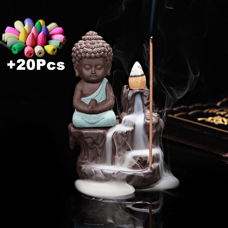 20Pc Incense Cones + Burner Creative Home Decor The Little Monk Small Buddha Censer Backflow Incense Burner Use In Home Teahouse