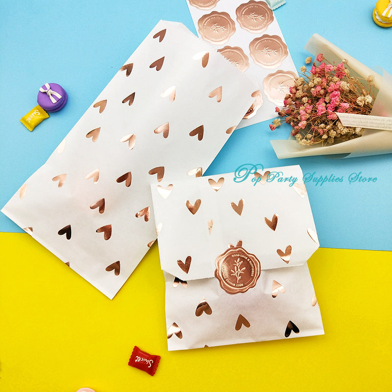 25Pcs/Bag Paper Bag Rose Gold Candy Gift Foil Heart Sticker Wedding Bridal Baby Shower Wedding Birthday Anniversary Favor Bag