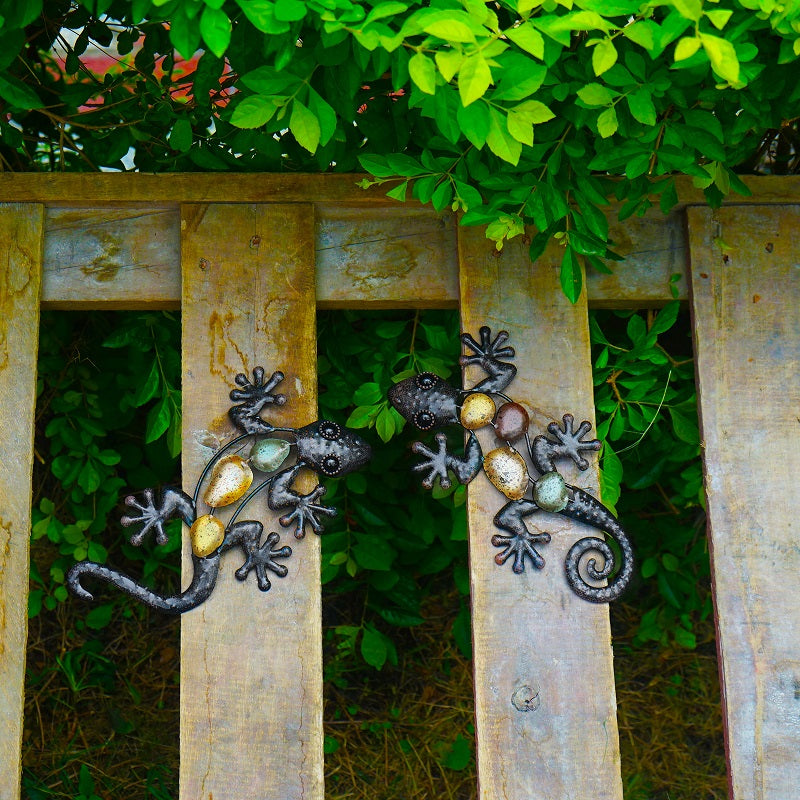 2Pcs Small Metal Gecko Wall Artwork For Home And Garden Decoration Outdoor Statues Accessories Sculptures Animal Brother