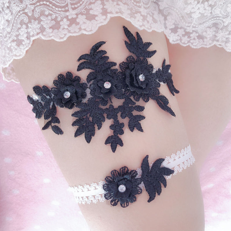 2Pcs Wedding Garter Navy White Embroidery Floral Sexy Garters Women/Female/Bride Thigh Ring Bridal Lace Leg Ring Loop