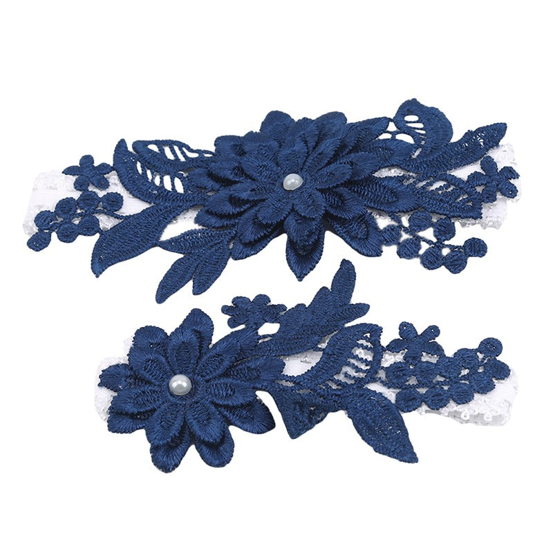 2Pcs Wedding Garter Navy White Embroidery Floral Sexy Garters Women/Female/Bride Thigh Ring Bridal Lace Leg Ring Loop
