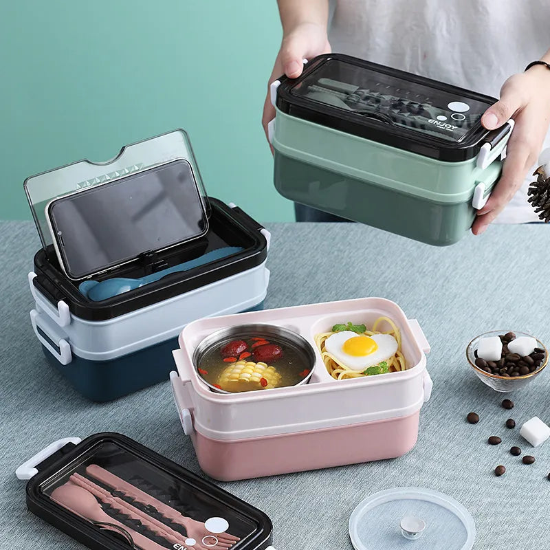 304 Stainless Steel Lunch Box 2Layers Bento Box For Student Office Worker Microwave Heating Food Storage Container