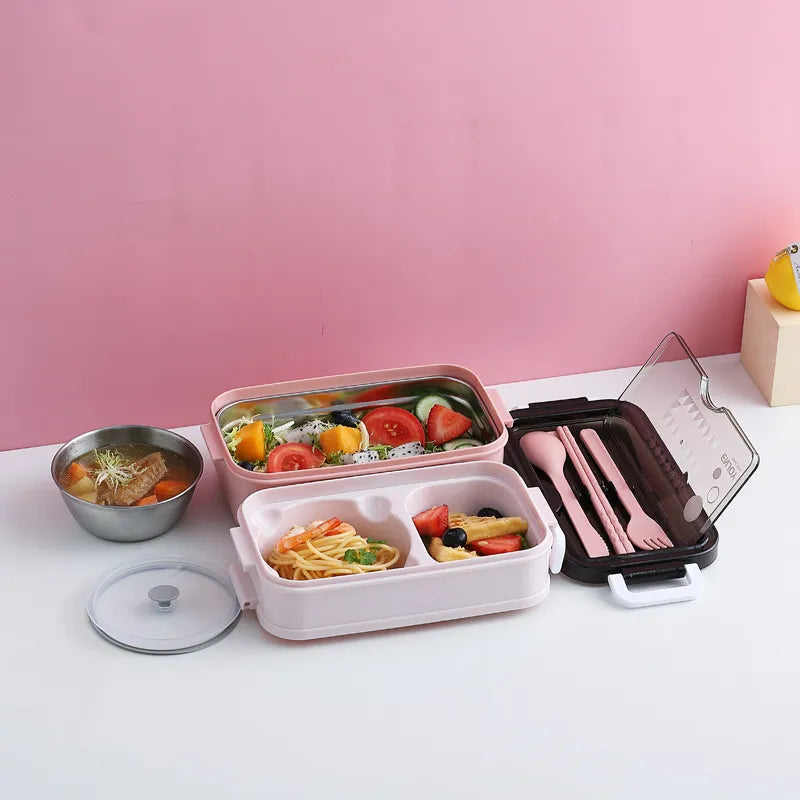 304 Stainless Steel Lunch Box 2Layers Bento Box For Student Office Worker Microwave Heating Food Storage Container